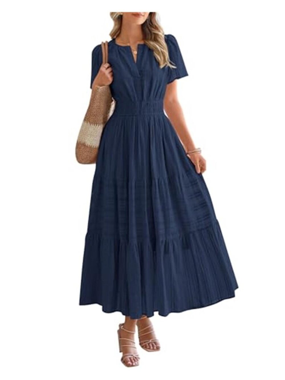 Navy Cotton Maxi Dress V Neck Short Sleeve Boho Beach Pockets Elastic Waist
